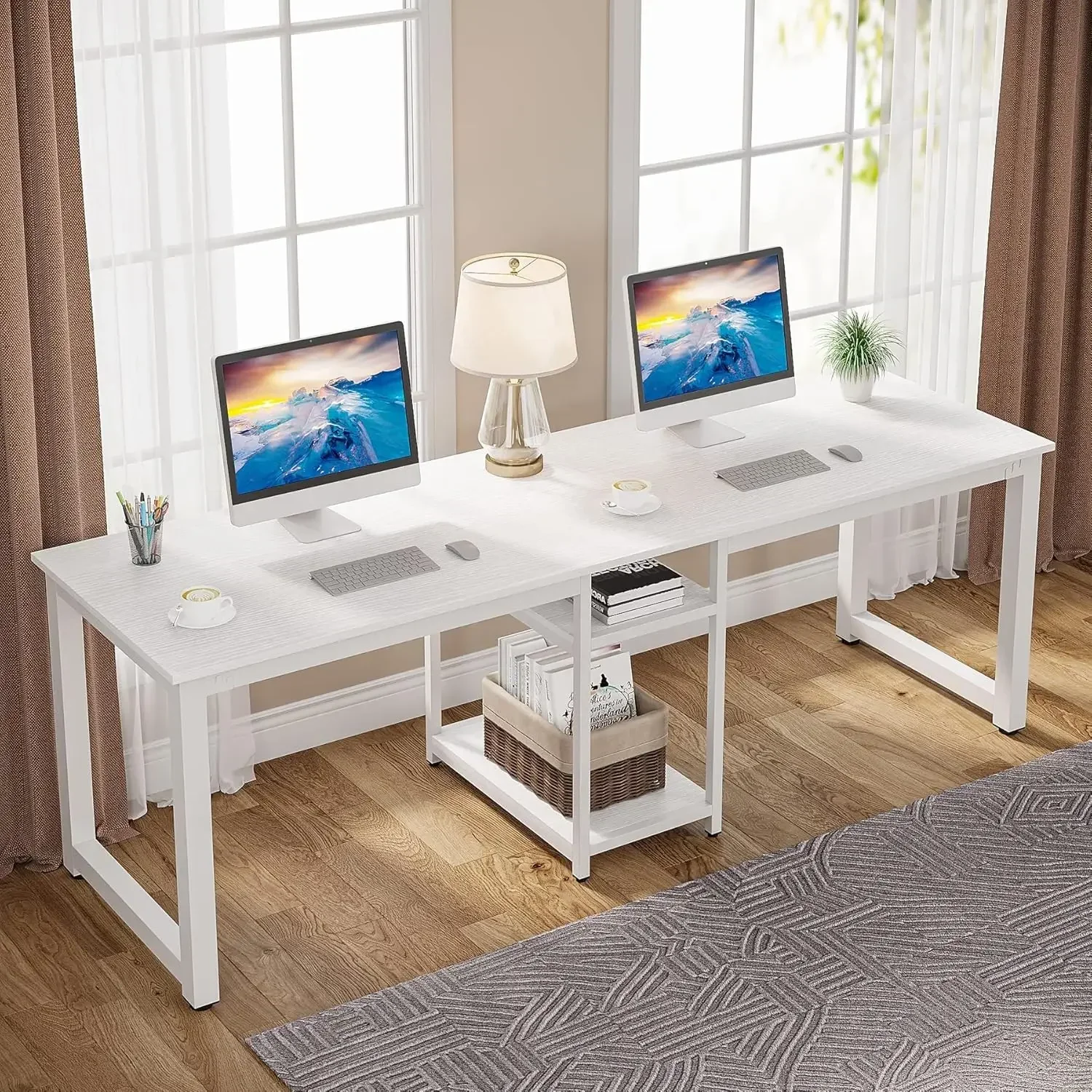 

78 Inches Computer Desk, Extra Large Two Person Office Desk with Shelf, Double Workstation Desk for Home Office(White)