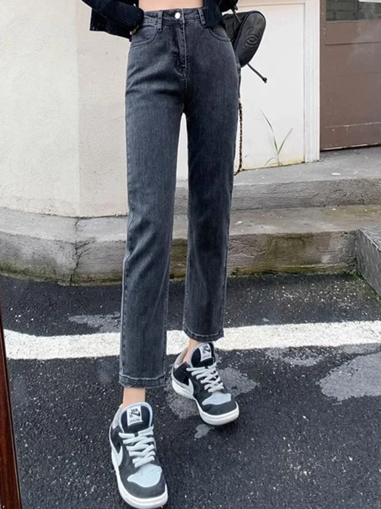 All-match High Waist Drainpipe Jeans Casual Women Narrow Straight Leg Pants Girls Blue Gray Black Gray Denim Trousers Size S-3XL