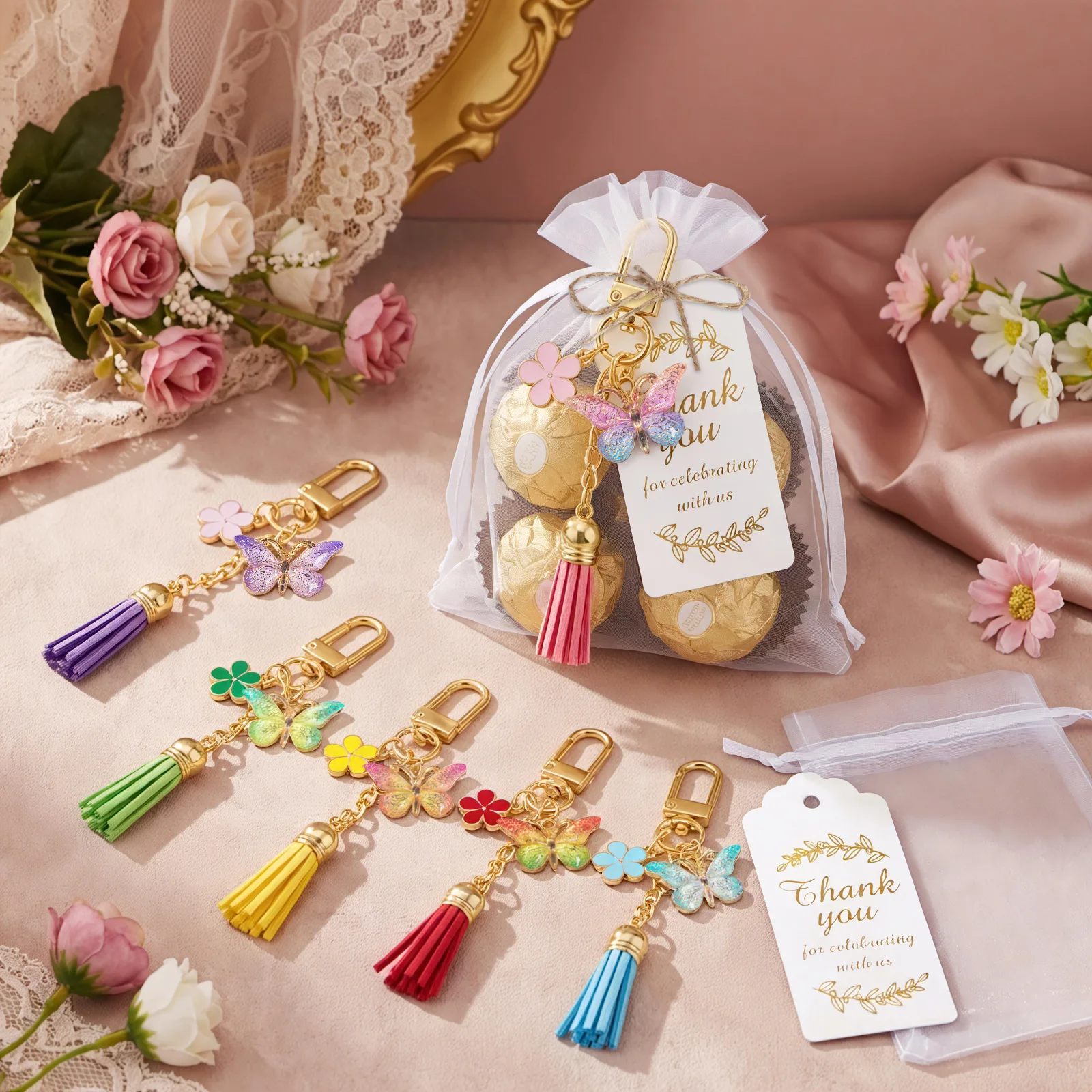 30 Sets Colored Butterfly Tassel Keychain Wedding Party Souvenir Butterfly Keychain Set with Cards Organza Bags Birthday Gift