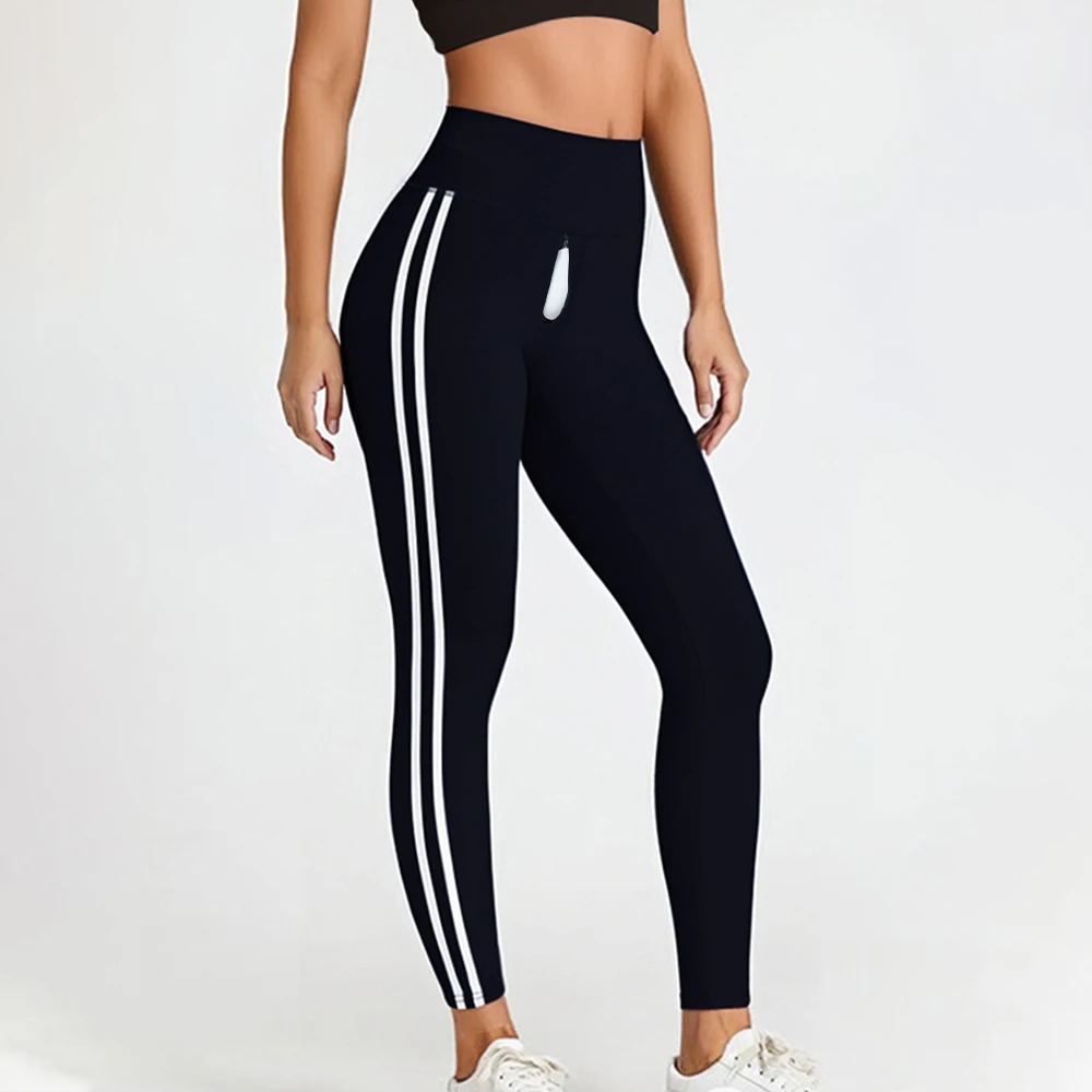 

Extended Zipper Tummy Control Striped Workout Women Leggings High Waist Open Crotch Gym Yoga Pants