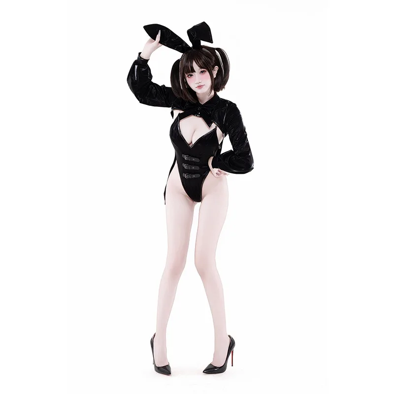 

Original Holographic Leather Bunny Girl 2025 - Black Tuxedo Bodysuit Headband Set, Sexy Sultry Halloween Cosplay Lingerie