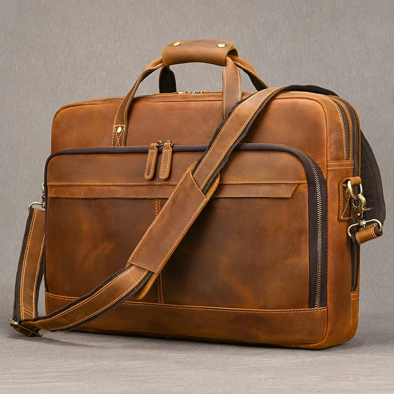 Retro Laptop Briefcase Bag Genuine Leather Handbags Casual 15.6