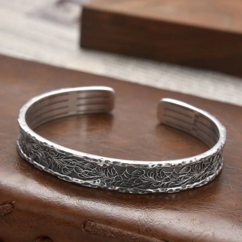 Genuine S925 Sterling Silver Bracelets for Men Women Vintage Eternal Vine Grass-pattern Bangle Pure Argentum Punk  Jewelry