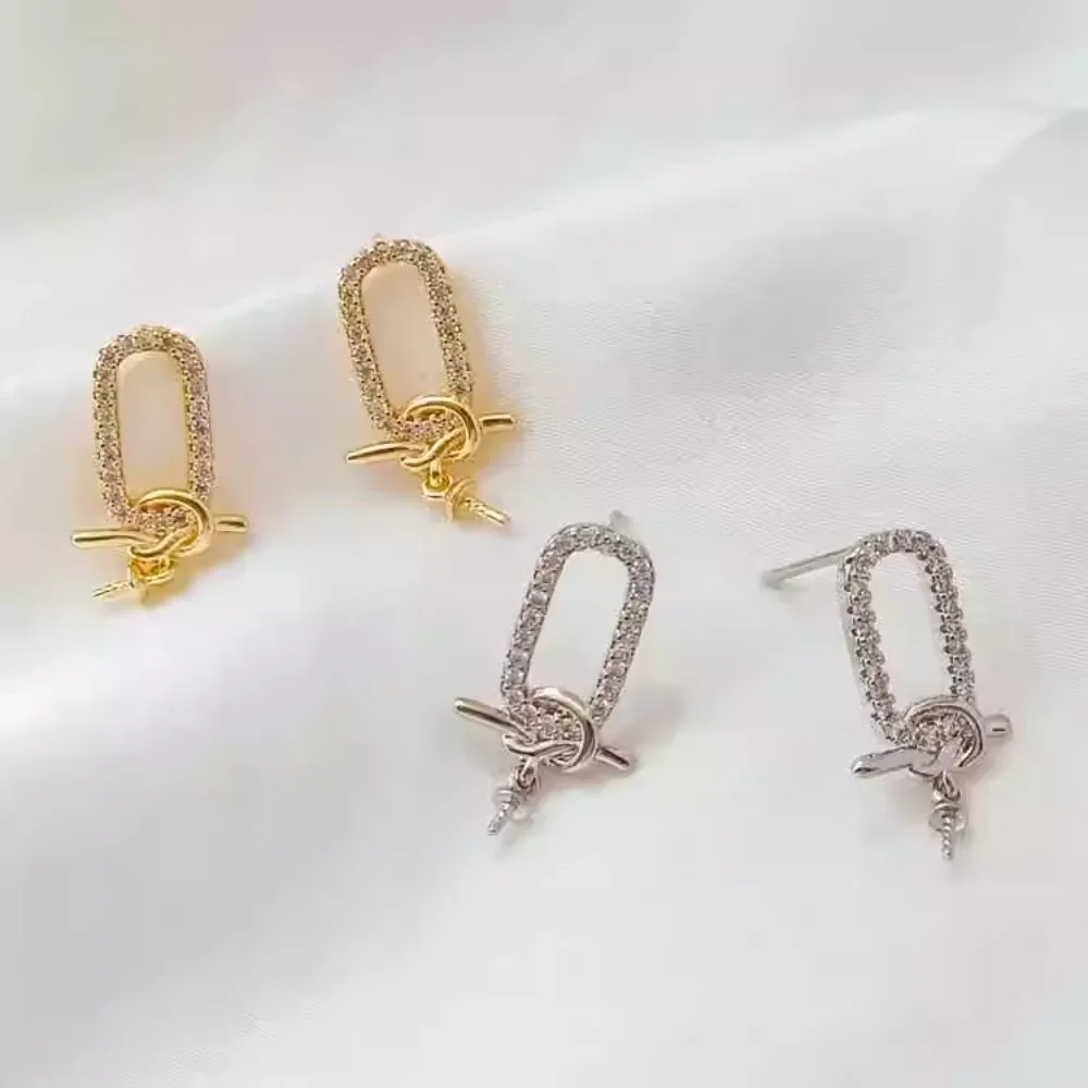 

14K Copper-plated Real Gold Micro-zirconium Oval Knotted Empty Stud Earrings DIY925 Silver Needle Earrings Accessories