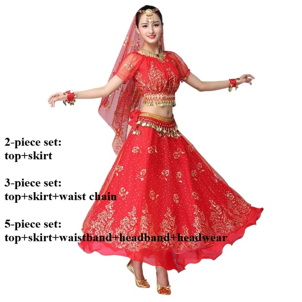 

Women Indian Dance Costume Set 2 3 5 Piece Chiffon Outfit Bollywood Belly Dance Stage Performance Ethnic Princess Style