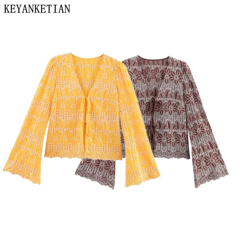 

KEYANKETIAN Spring/Autumn New Ethnic style Hollow out Embroidery Shirt Bow Lace Up Flare sleeve Women's Retro Short Blouses Top