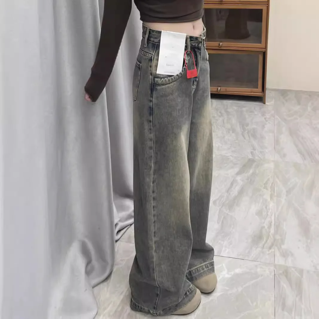 2025 Retro Drape Wide-leg Jeans Women's Spring and Autumn High Waist Loose Mopping Straight Versatile Pants Look Thin and Tall