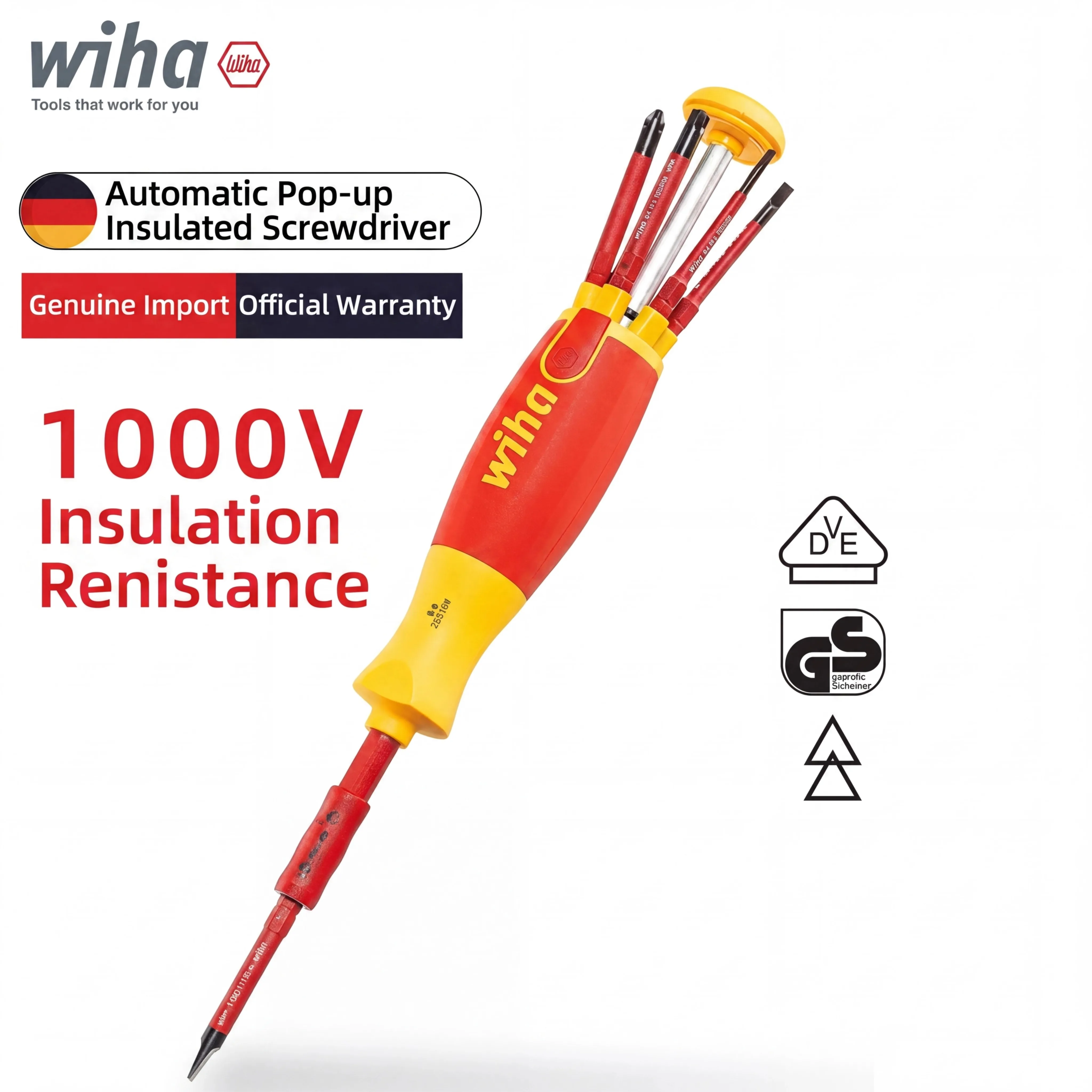 WIHA 38611 6-in-1 Insulated Screwdriver 1000V | Electrician Repair Tool with 6 Slim Bits & LiftUp Bit Magazine