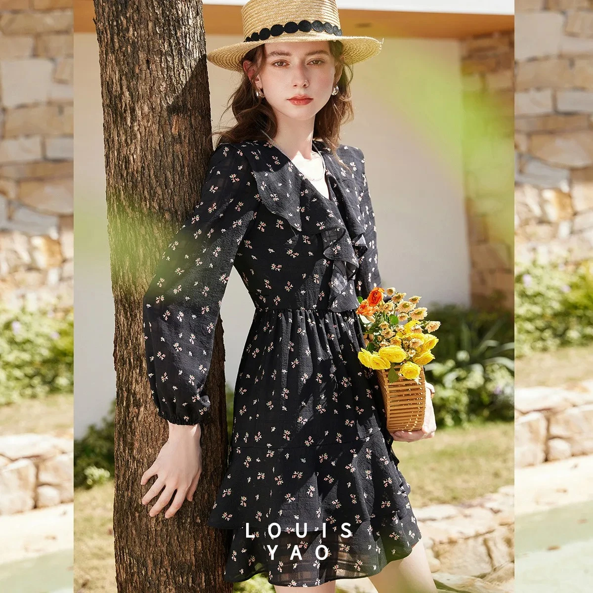 LOUISYAO Rich Style Sweet Floral Dress Women 2026 Spring Ruffle Slim Midi V-Neck Dresses