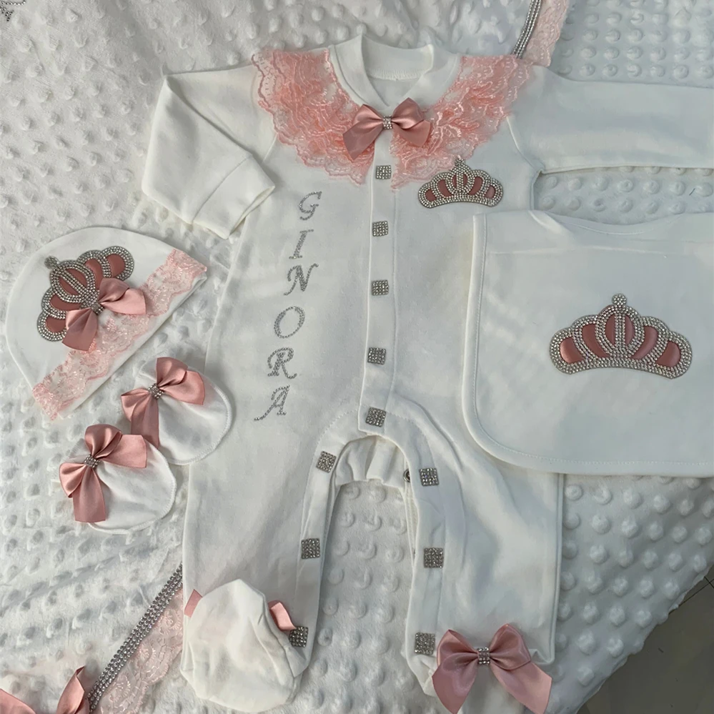 Baby Meisje Jongen Prinses Prins Ziekenhuis Exit Pasgeboren Bling Outfits Babyflessen Cadeau Babyshower Cadeau 5 Stuks Kroon Romper