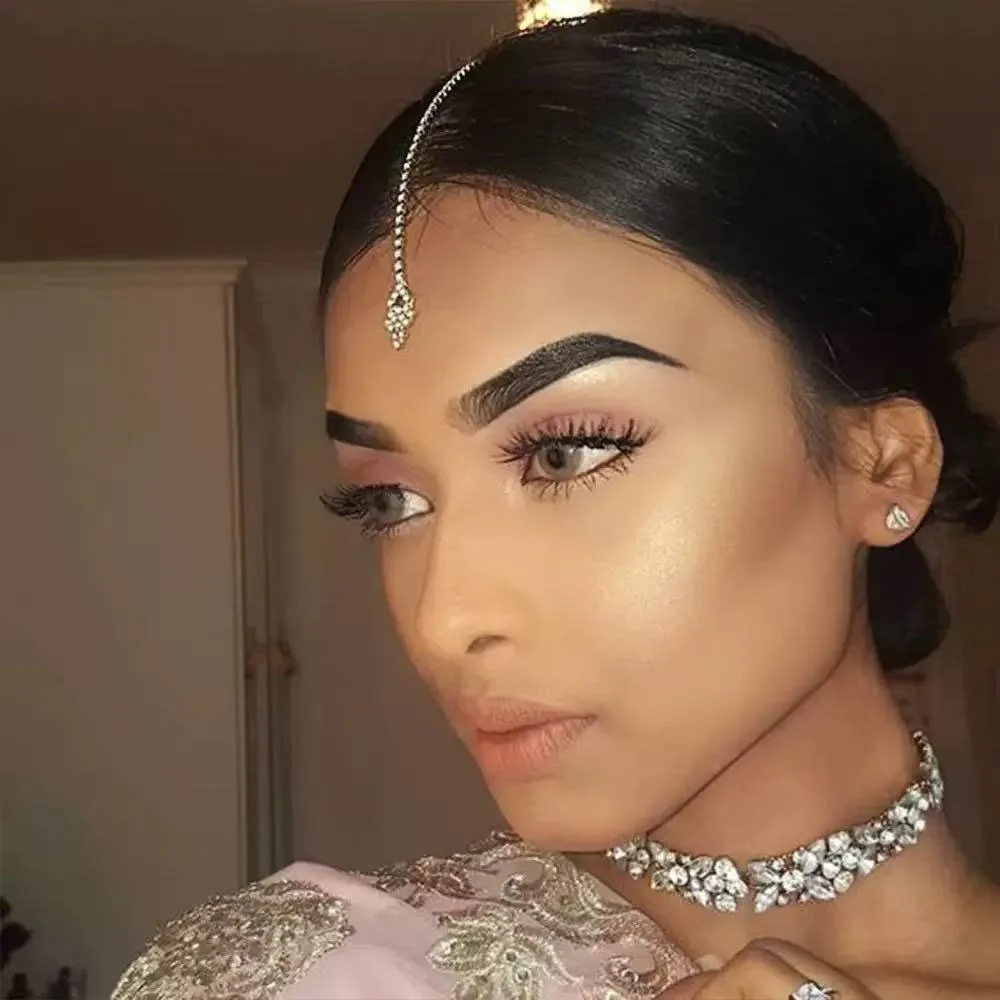 Elegante plata India Maang Tikka cadena para la frente piedras preciosas brillantes cadena para el cabello nupcial joyería étnica tradicional para el cuerpo