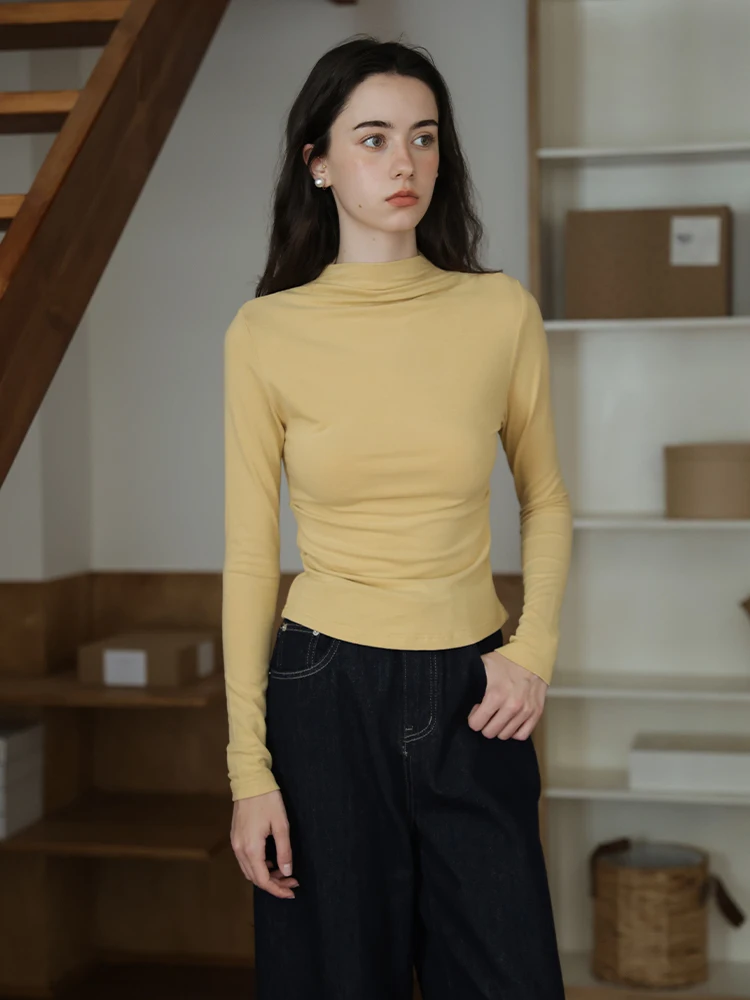 

Spring White Simple Long Sleeve Slim Fit Waist Cinched Base Shirt Half High Collar Women's T-shirt Inner Wear Layered Top