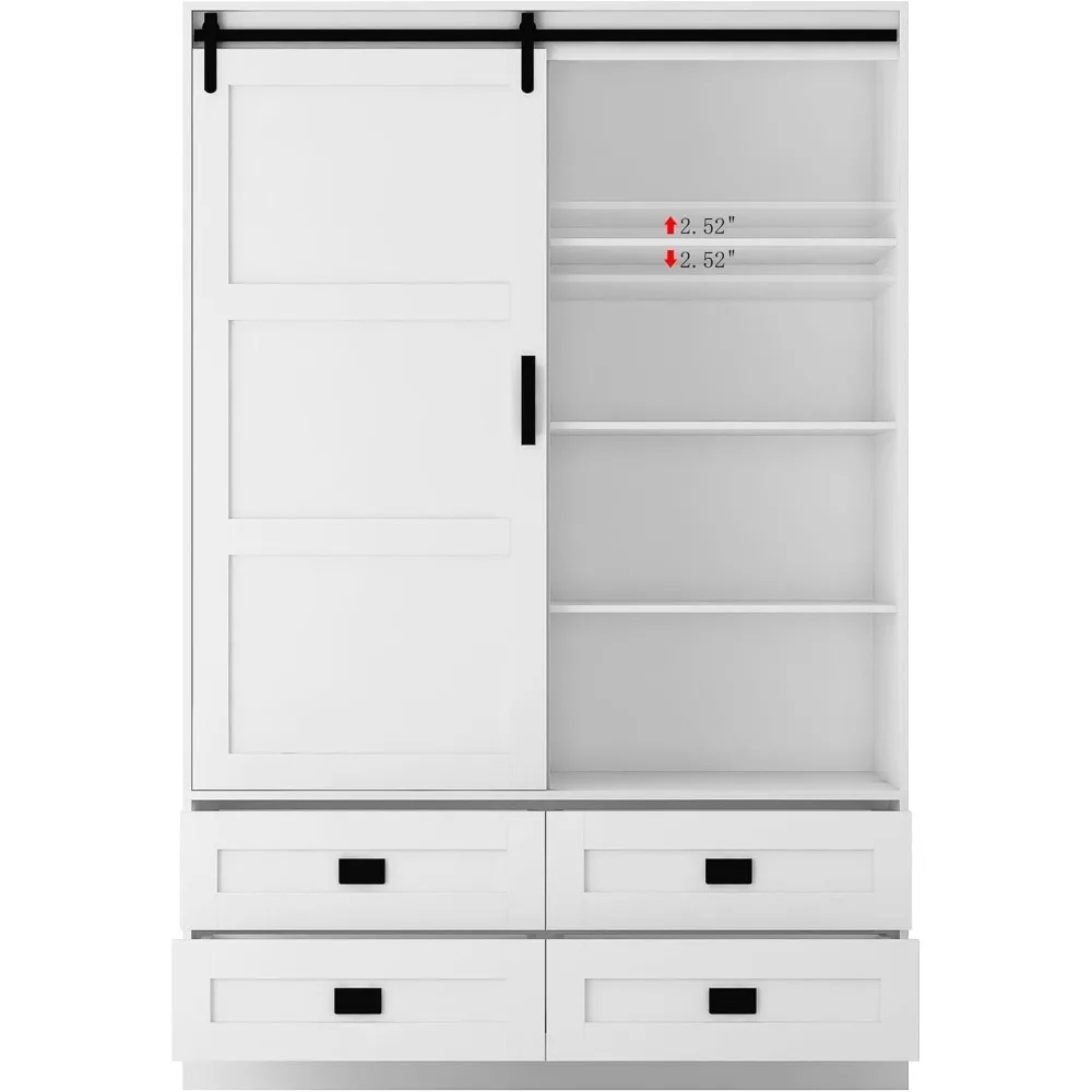 Armario alto de madera con puerta corrediza de Granero, armario con 4 cajones para dormitorio, armario de almacenamiento de ropa ajustable