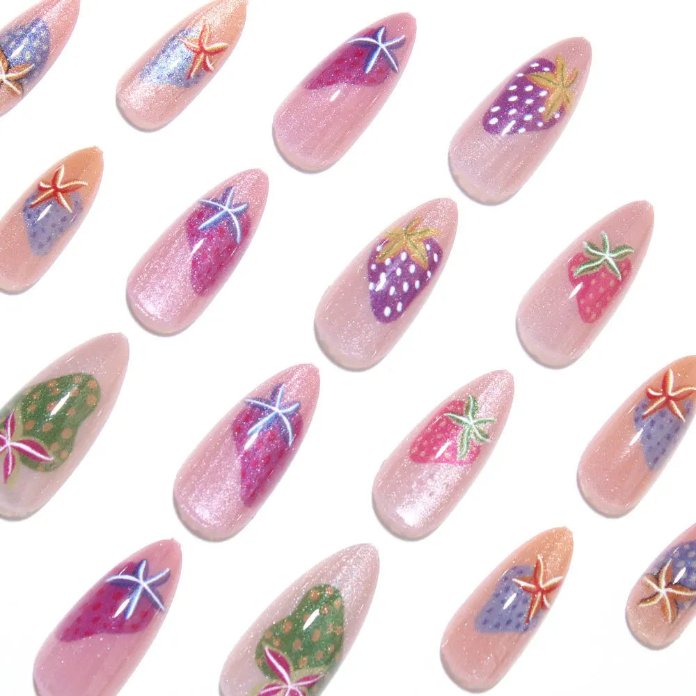 24pcs Y2K Colorful Strawberry Press on Nails Almond Cat-Eye Fake Nail Fruit and Star-Spangled Sweet False Nail for Women&Girl