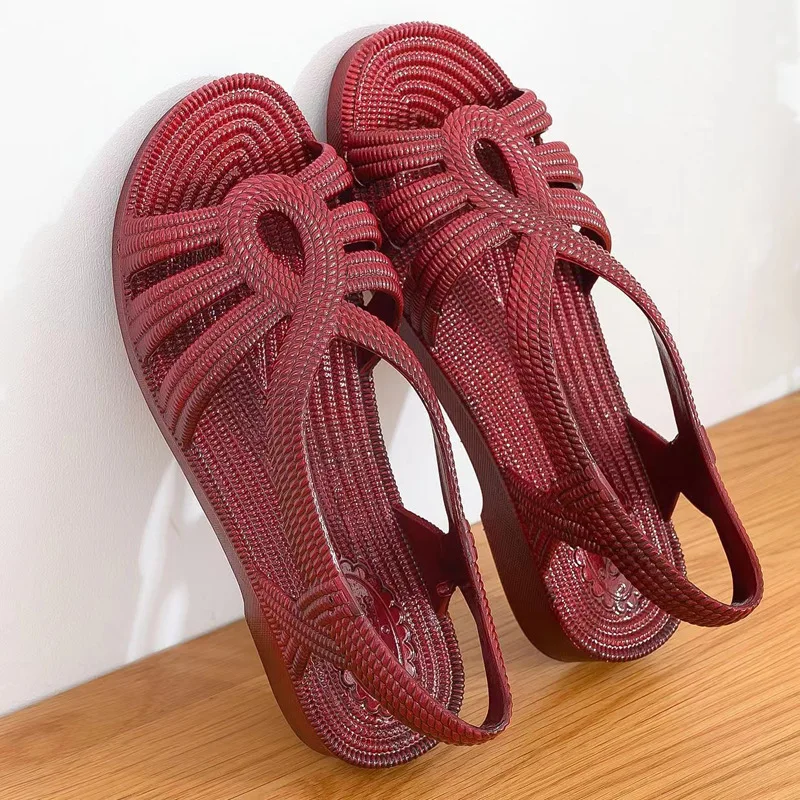 

Женские летние осенние однотонные нескользящие удобные сандалии из ПВХ на плоской подошве, модные красные масляные тапочки