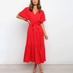 Sexy Deep V Neck Short Sleeve Party Maxi Woman Dress 2025 Summer Clothes Loose Cusual Vintage Pink Long Ladies Dress For Women