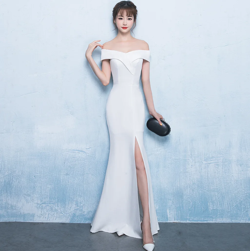 

Evening One-word Shoulder Fishtail Slim Fit Host Split Fork Car Show Model Catwalk Bridal Toast Party High-End Performance Dress