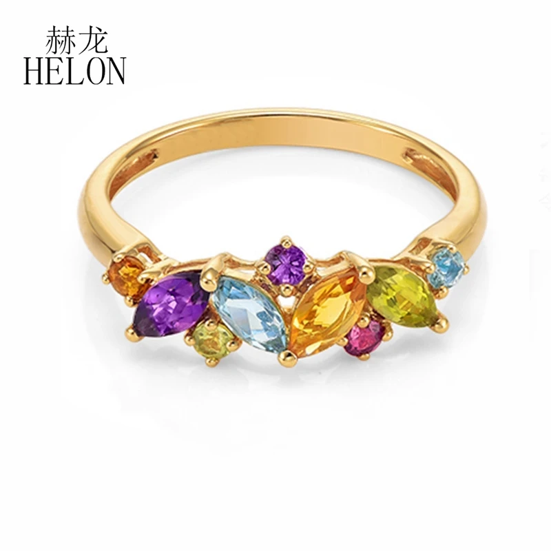 

HELON Solid 9K Yellow Gold 100% Genuine Sky Blue Topaz Peridot Citrine Amethyst Garnet Women Trendy Fine Jewelry Engagement Ring