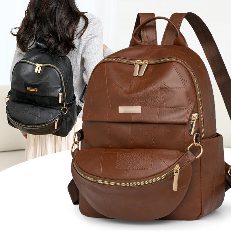 New Two-in-one Fashion Women Large Capacity Backpack Multi-function PU Leather Lady Vintage School Bag Ladies Casual Travel Bags