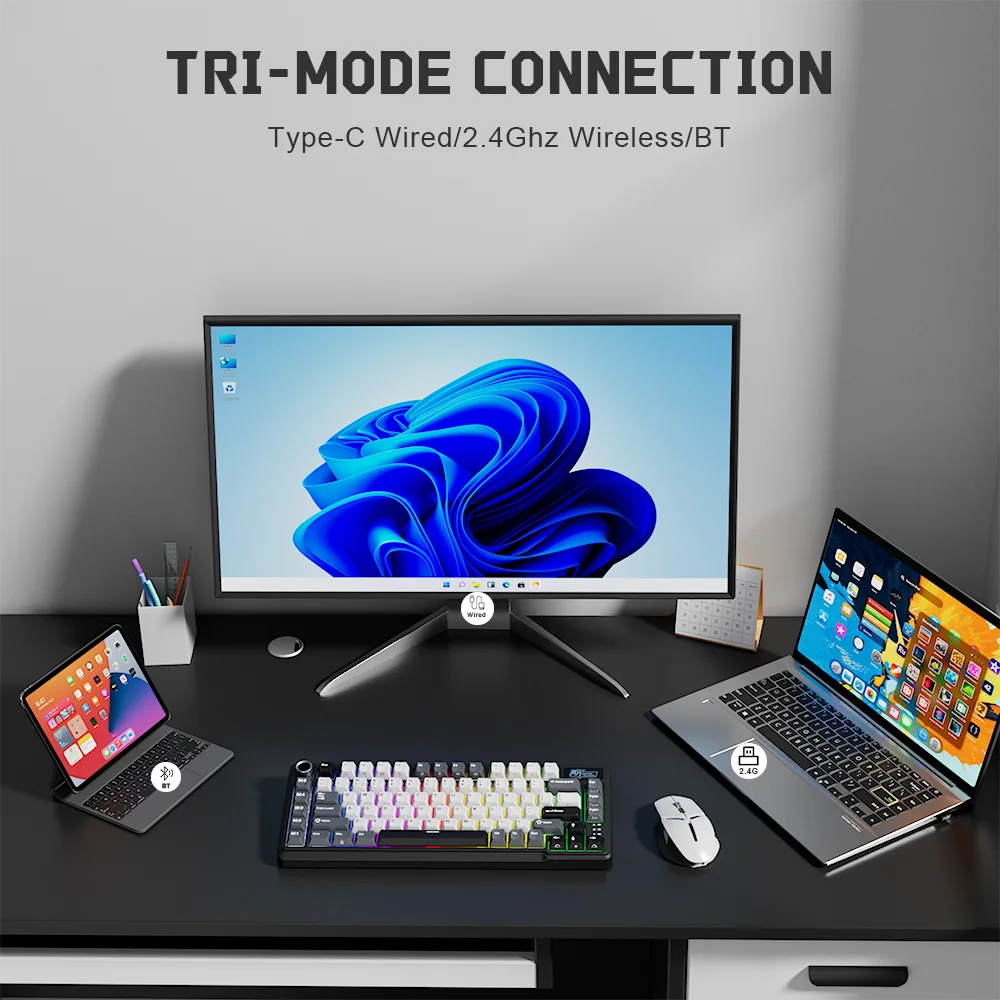 RK ROYAL KLUDGE L75 5 つのショートカット キー カスタマイズ可能なメカニカル キーボード ガスケット構造 トライモード RGB バックライト ゲーマー キーボード