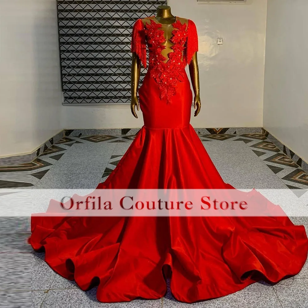 Red Prom Dress For Black Girls 2025 Beading Tassel Mermaid Party Gowns Africam Women Gala Outfit Vestidos De Festa
