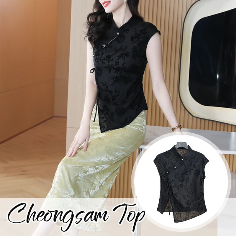 Women Chinese Style Improved Cheongsam Tops Temperament Jacquard Short Sleeve Qipao Tops Summer Retro Thin Shirts