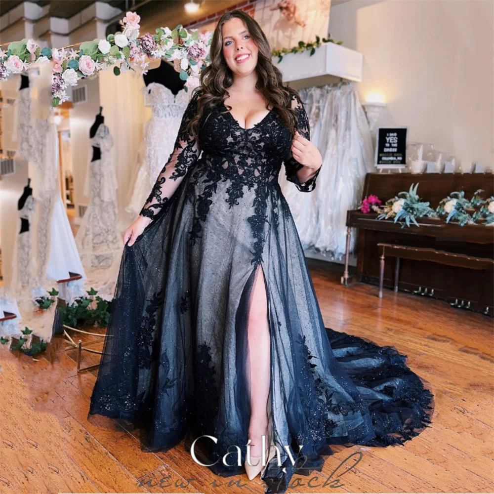 Cathy Luxury V-neck Plus Size Prom Dress 2024 Lace Tulle Fabric Long Sleeves Strao vestidos de fiesta Long Tail فساتين السهرة