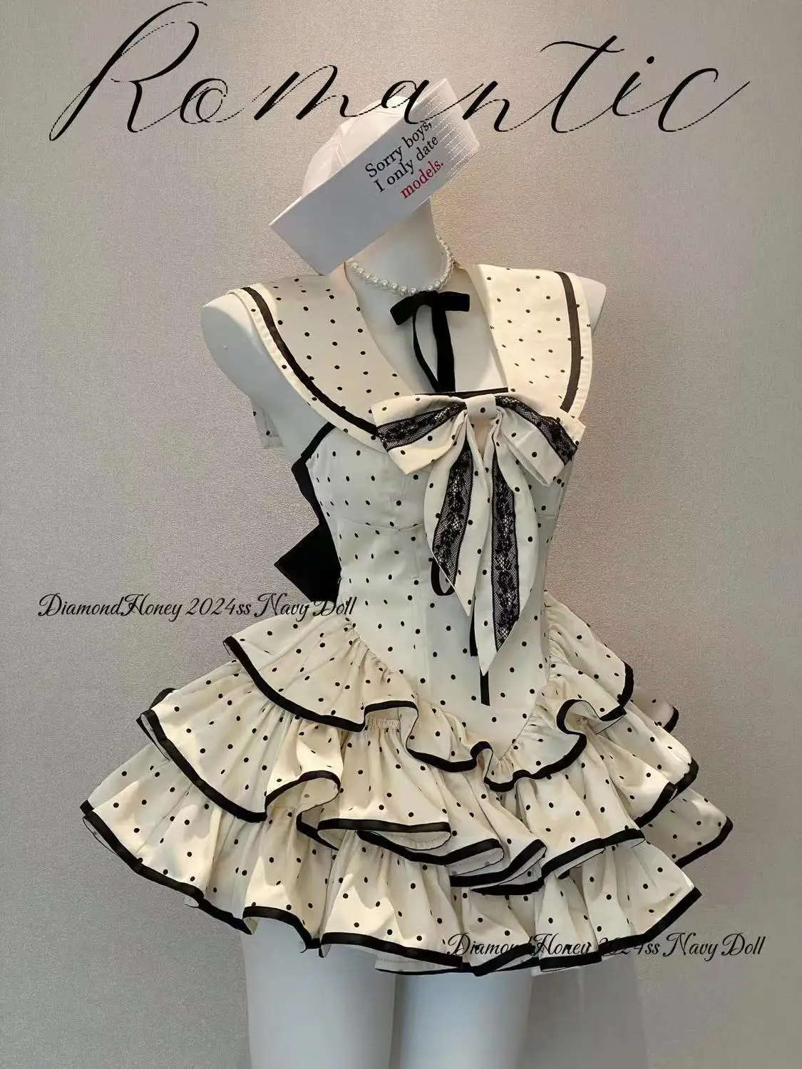 Japanese Kawaii Polka Dot Mini Dress Women Preppy Bow Ruffles Dresses Summer Y2K Lolita Sailor Collar Backless Bodycon Vestidos