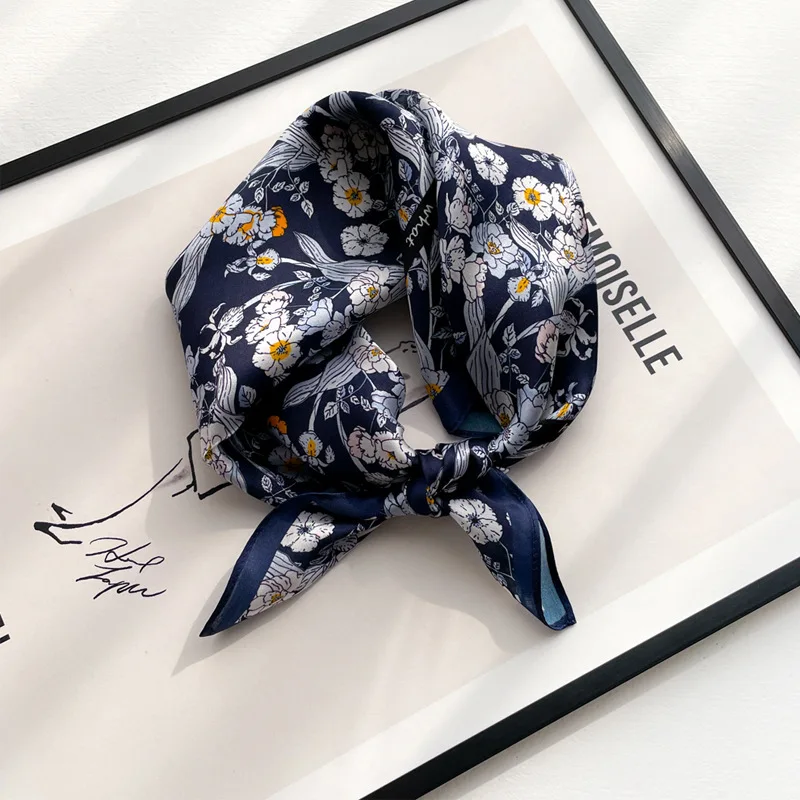 New 53 Square Towel Small Blue Flowers Women's Mulberry Silk High-End with Shirt Scarf