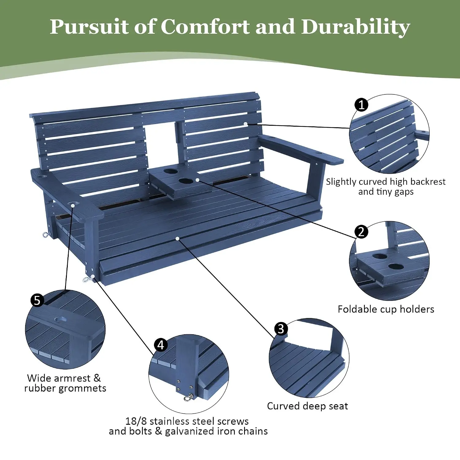 HIPS 3-Seat Porch Swing, 5ft Bench with Cup Holders, Steel Hardware, High Backrest, Deep Seat, Customized