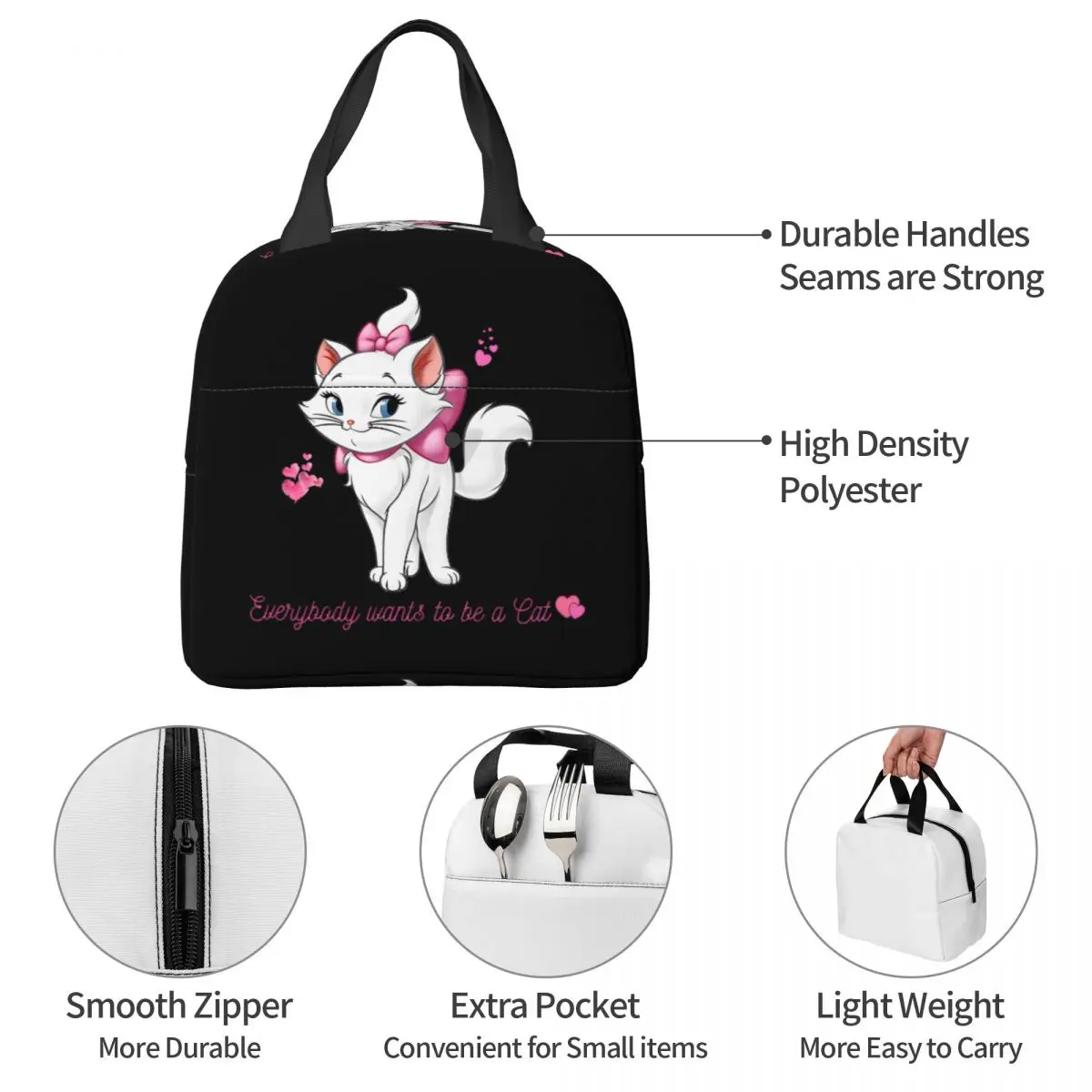 Marie Cat Cute Cartoon Aristocats Insulated Lunch Bag Portable Reusable Cooler Bag Lunch Box Tote School Picnic Men Women