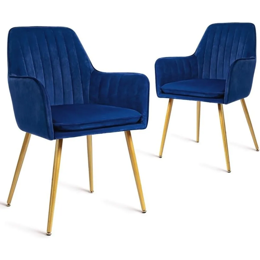 Velvet chairs, Furniture Modern Living Dining Room Accent Arm Chairs Club Guest with Gold Metal Legs, Set of 2, Navy Blue