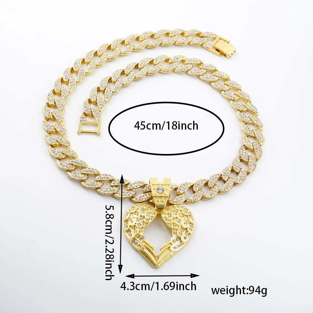 DIY accessories New product full diamond alloy wing pendant Cuban chain necklace European and American agate trendy heart pendan
