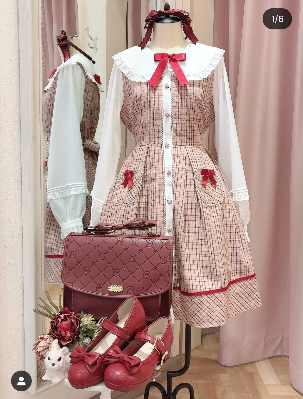Japanische Süße Nette Puppe Kragen Bogen Patchwork Langarm Einreiher Hohe Taille Schlank A-linie Plaid Lolita Kleid Frauen herbst