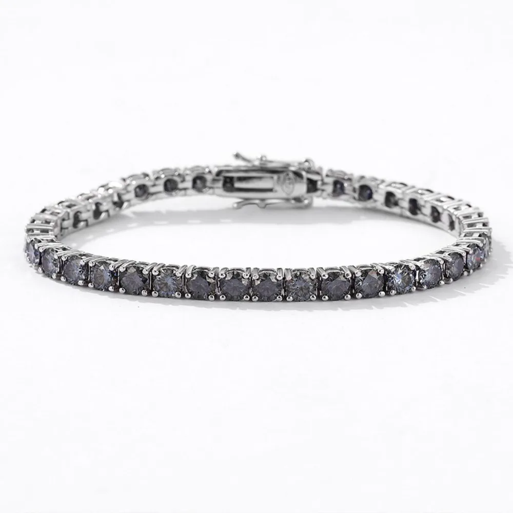 4mm Gray Moissanite Tennis Chain Bracelet 925 Sterling Silver Hiphop Rock Women Men Link Bracelets Bangle Pass Tester Gift