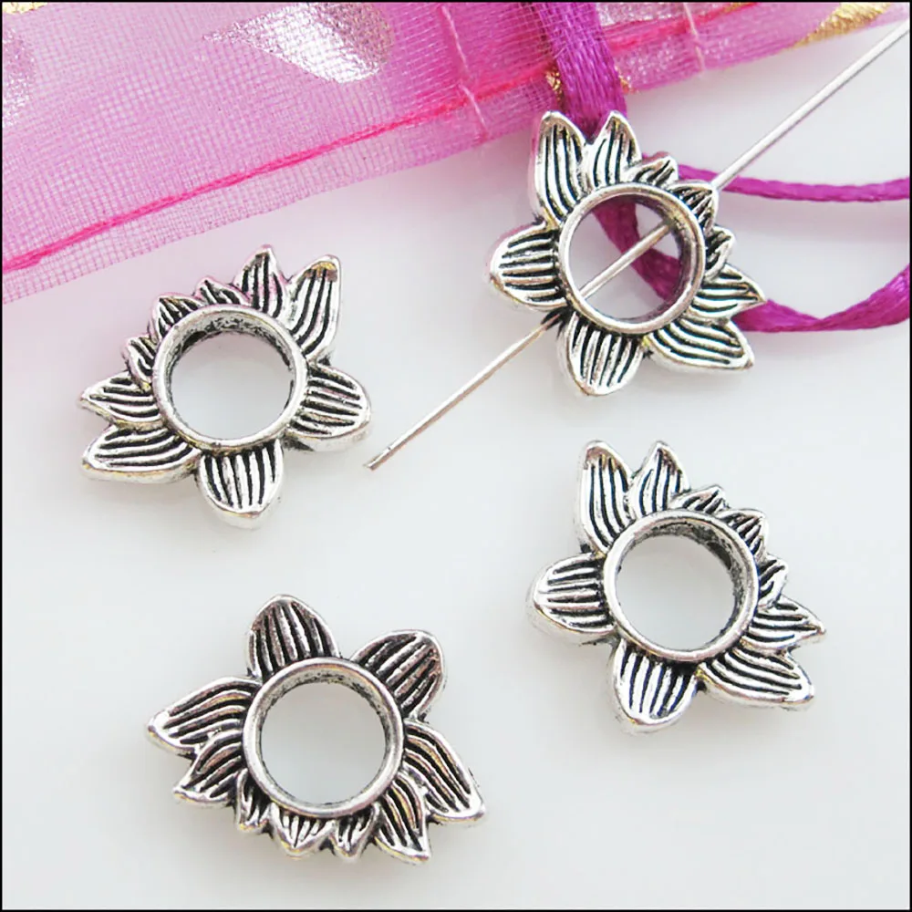 15Pcs Tibetan Silver Color Lotus Flower Spacer Beads Frame Charms 13.5x19mm