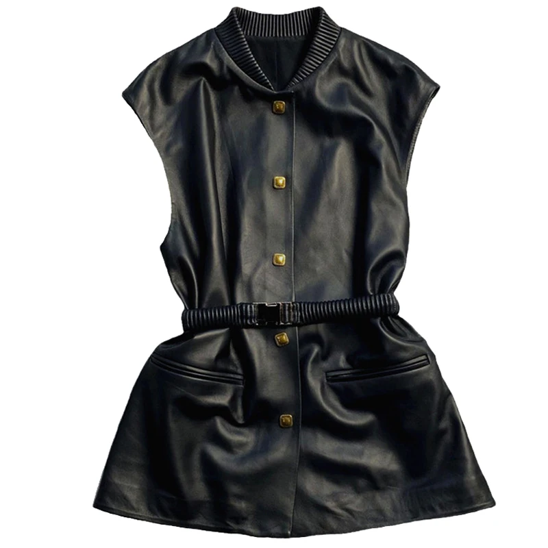 Genuine Leather Vest For Women Autumn New In Outerwears Chic  SheepSkin Sleeveless Jacket with Elastic Square Buckle Waistbelt