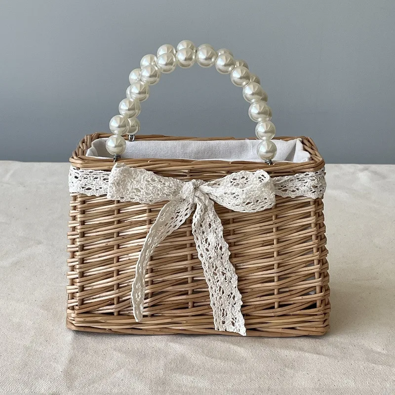 Pearl Handheld Vine Weaving Basket Wedding Bridesmaid Happy Shop with Hand Gift Basket Square Willow Weaving Bag