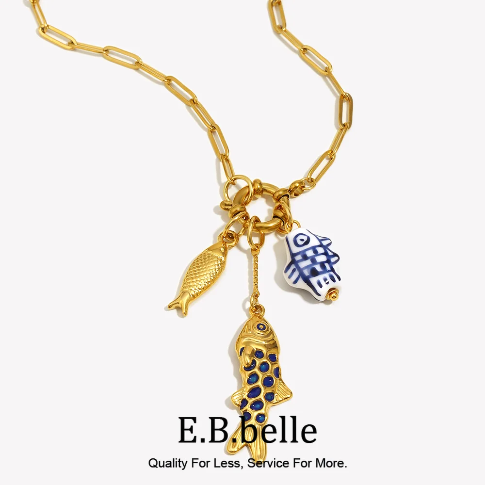 E.B.belle New Design Golden Plated Stainless Steel Waterproof Paper Clip Chain Fish Charm Necklace Women Men Jewelry