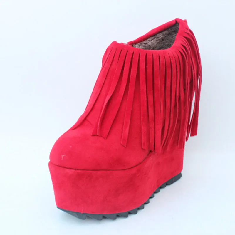 New Arrival High Heels Ankle Boots for Women 15 cm Wedges Shoes Woman Red Black Tassels Design Platform Boots Winter WSH5005