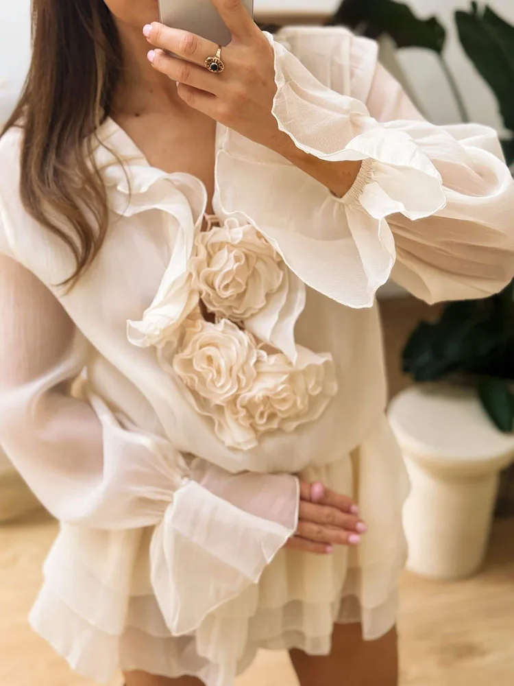 

BJTZ 2026 Весна-Лето Женское мини-платье во французском стиле из шифона с рюшами и завязками на талии, модное элегантное платье