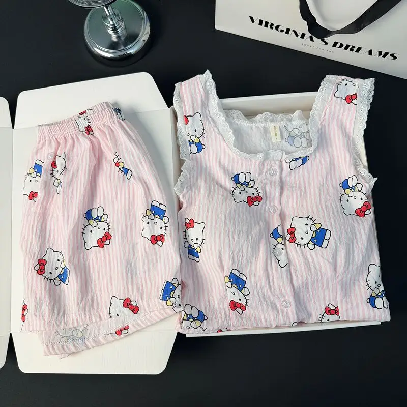 Hello Kitty Women's Summer Cloud Cotton Pajama Set with Built-in Bra Cami Shorts Lace Trim Sweet Cute Loungewear - view 3