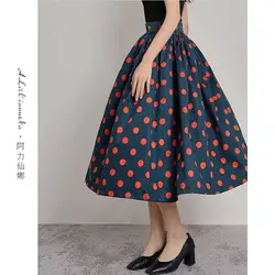 Spring and Autumn Hepburn Peacock Blue Polka Dot Skirt Printed Puffy Hepburn A-line Skirt Ol Women Belly Covering Hot Style