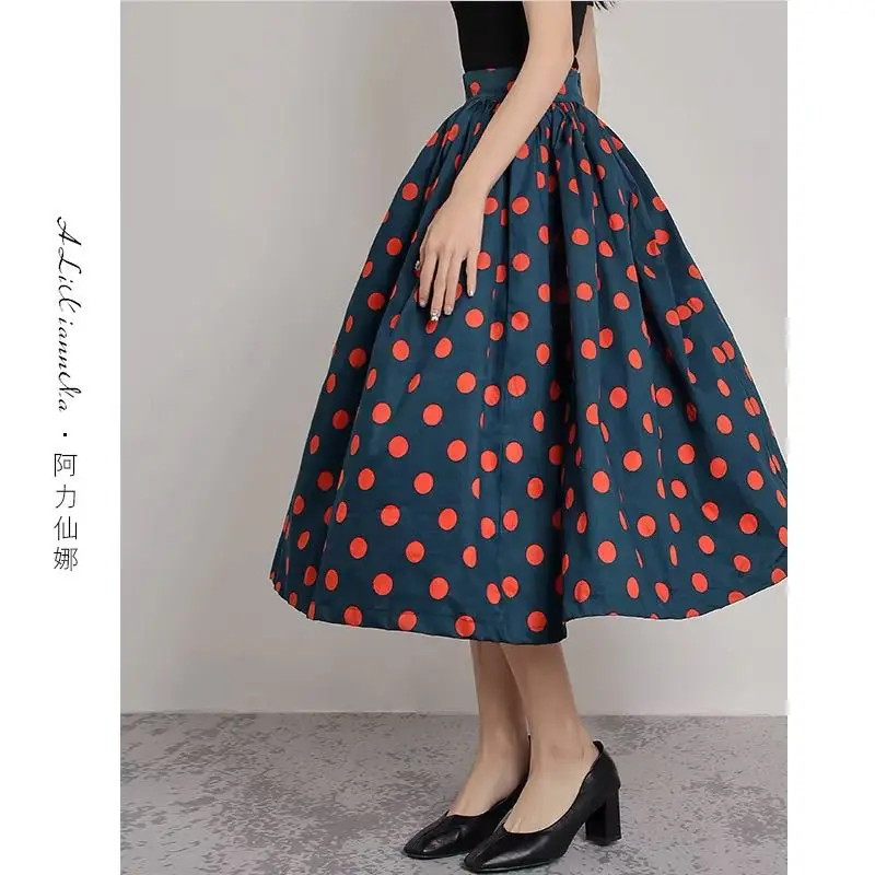 Spring and Autumn Hepburn Peacock Blue Polka Dot Skirt Printed Puffy Hepburn A-line Skirt Ol Women Belly Covering Hot Style