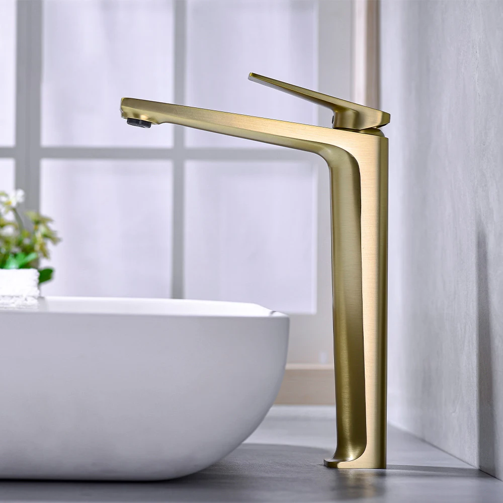 Modern Fashion Design Brushed Gold Countertop Basin Sink Faucet Hot & Cold Water Mixer Metal Tap Bathroom Decorating Accessories