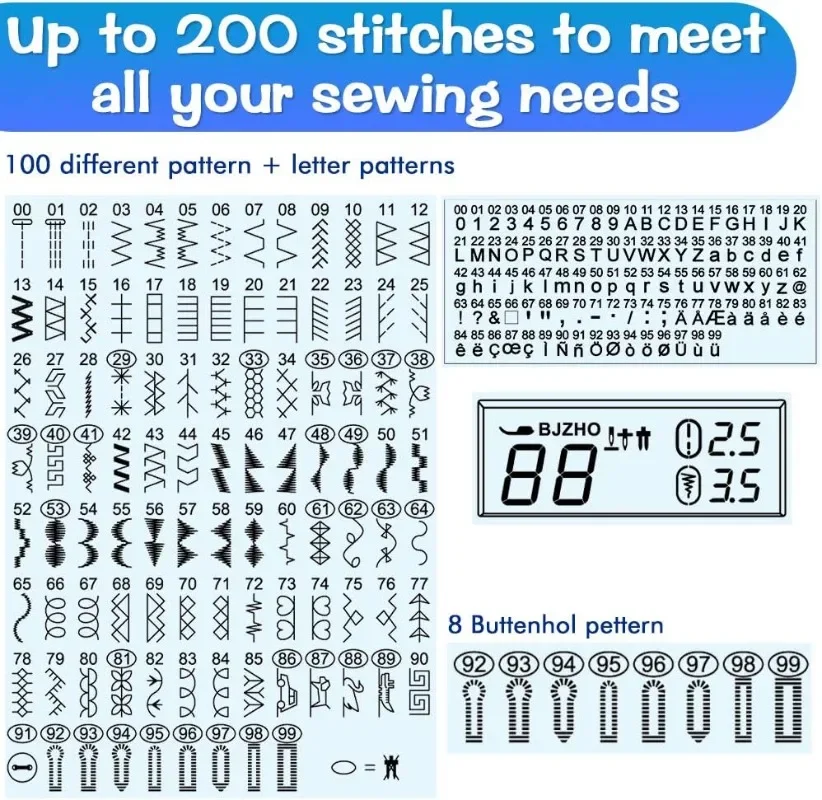 Portable Sewing Machine Computerized Embroidery Sewing Machine with 200 Unique Built-in Stitch and 8 Buttonholes