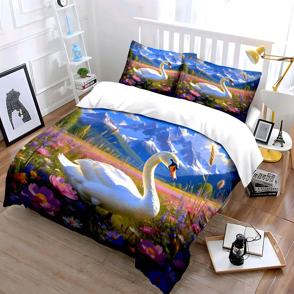 Swan in colorful meadow snowy peaks Pattern Duvet Cover Set Digital Print Colorful Polyester Bedding with Zipper Closur