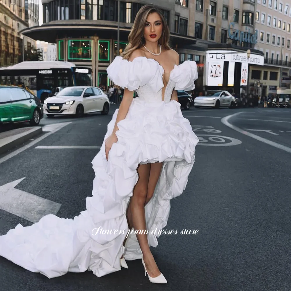 

Flowers High Low Evening Dresses Off Shoulder Party Dress Ruffles A Line Prom Dress robes de soiree Customized
