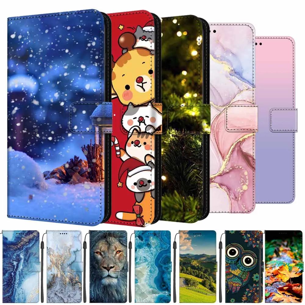 Leather Case For Samsung Galaxy S24 Ultra S24+ Christmas Marble Wallet Flip Cover For Samsung S24 FE Phone Cases Card Slots Bags