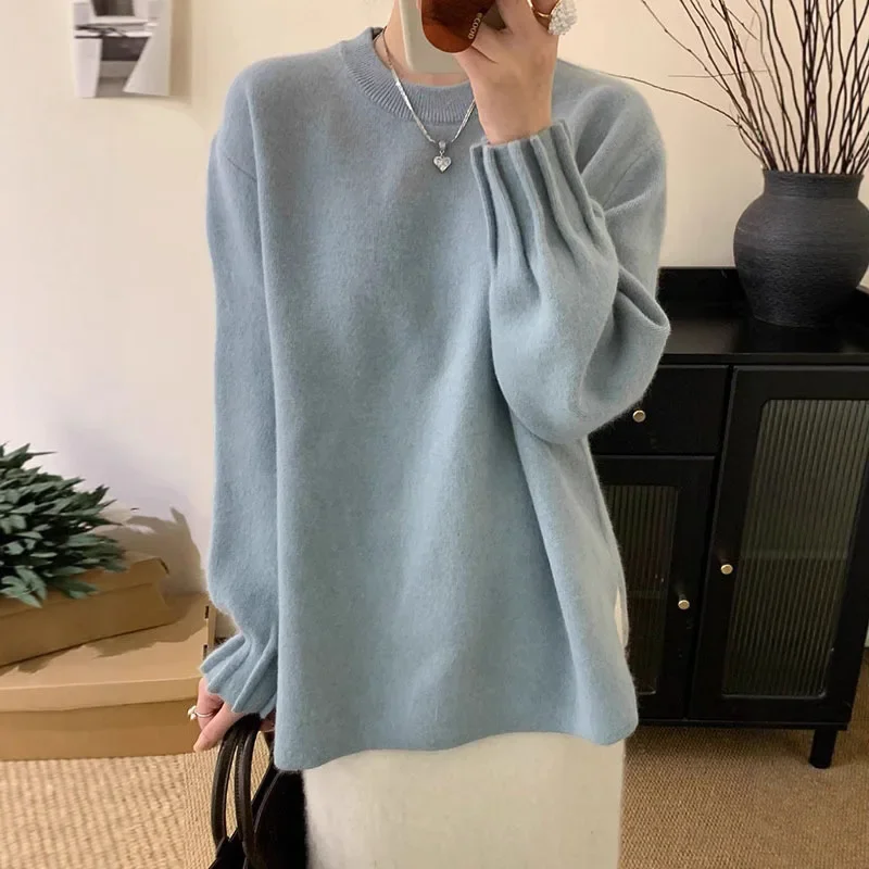 

Autumn Winter Fashion Korean Style Loose Women's Knitwear round Neck Lantern Sleeve Sweater Comfortable Casual Mid-Length